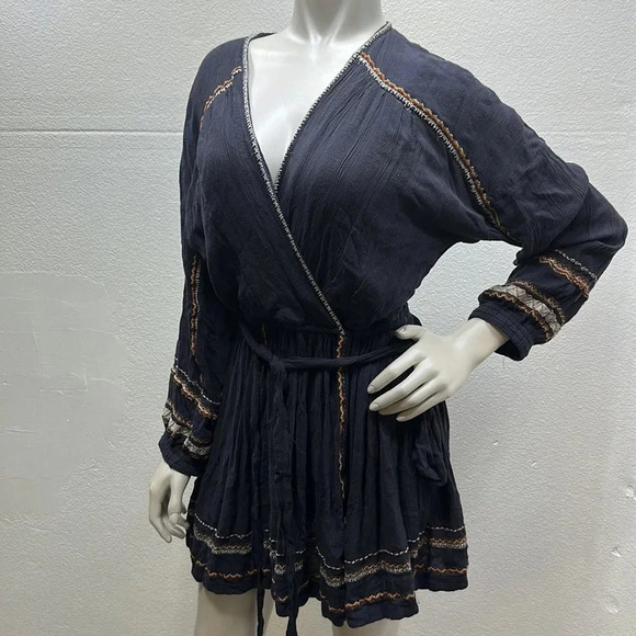 Free People Delilah Embroidered Wrap Mini Dress Midnight Blue Size XS - Picture 9 of 11